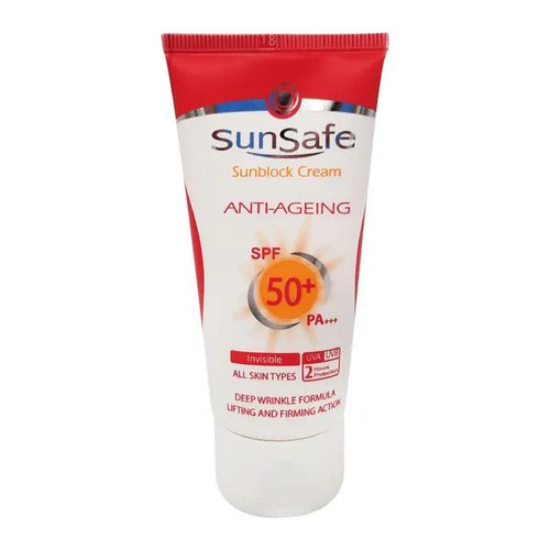 کرم ضد آفتاب و ضد چروک بی رنگ سان سیف با SPF50 مناسب انواع پوست حجم 50 میلی لیتر
