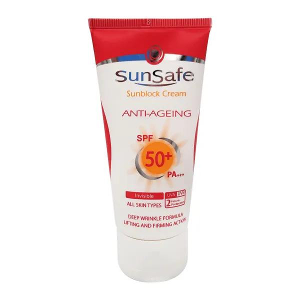کرم ضد آفتاب و ضد چروک بی رنگ سان سیف با SPF50 مناسب انواع پوست حجم 50 میلی لیتر