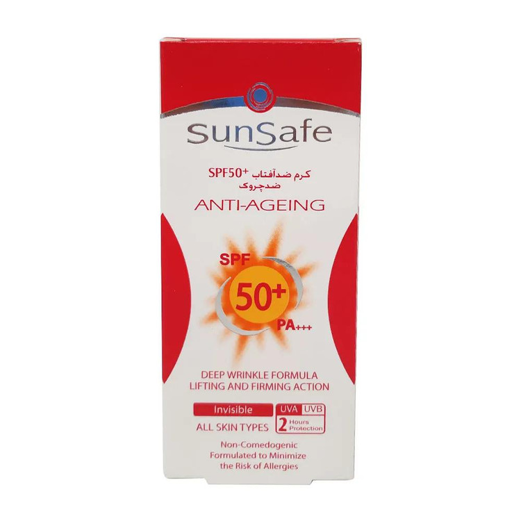 کرم ضد آفتاب و ضد چروک بی رنگ سان سیف با SPF50 مناسب انواع پوست حجم 50 میلی لیتر