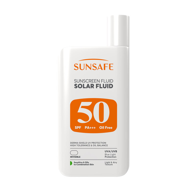 ضد آفتاب SPF50 سولار فلوئید سان سیف مناسب پوست حساس، چرب و مستعد به آکنه 55میل