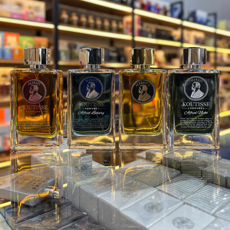 ادو پرفیوم مردانه آلفرد مدل لاکچری KOUTISSE ALFRED LUXURY با رایحه گرم شباهت ب مارلی لیتون حجم 120 میلی لیتر