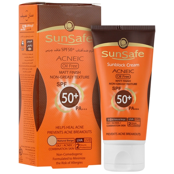 ضد آفتاب فاقد چربی آکنئیک بدون رنگ SPF50 سان سیف مناسب پوستهای چرب و آکنه ای 50میل