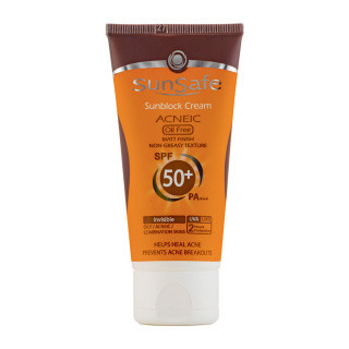 ضد آفتاب فاقد چربی آکنئیک بدون رنگ SPF50 سان سیف مناسب پوستهای چرب و آکنه ای 50میل