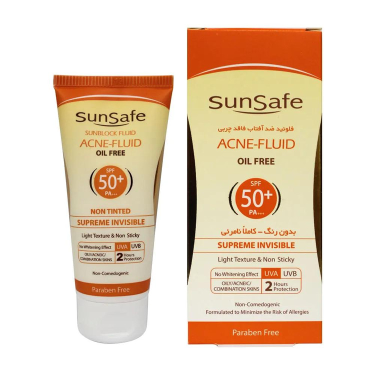 فلوئید ضد آفتاب سان سیف بدون رنگ و کاملا نامرئی وفاقد چربی دارای SPF50 حجم 50 گرم
