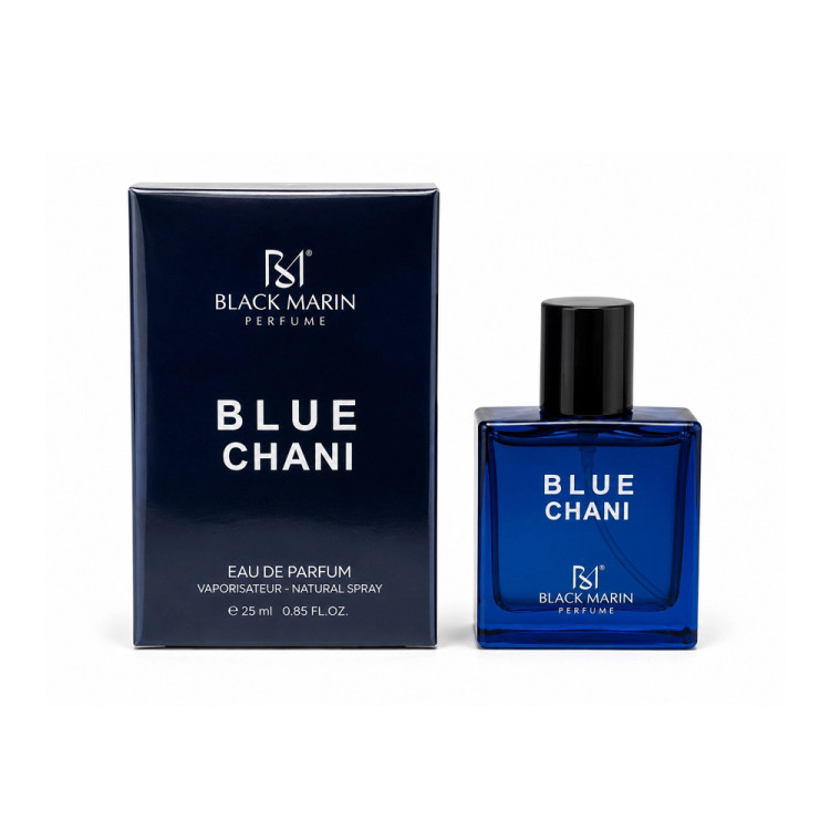 ادوپرفیوم مینی مردانه بلک مارین مدل BLUE CHANI رایحه بلو شنل رایحه خنک و تلخ حجم ۲۵ میل