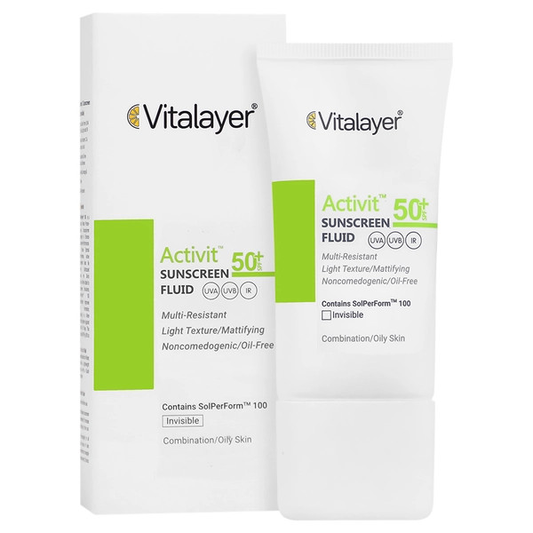 فلوئید ضد آفتاب بی رنگ ویتالیر مدل Activit با SPF50 مناسب پوست چرب حجم 50 میلی لیتر